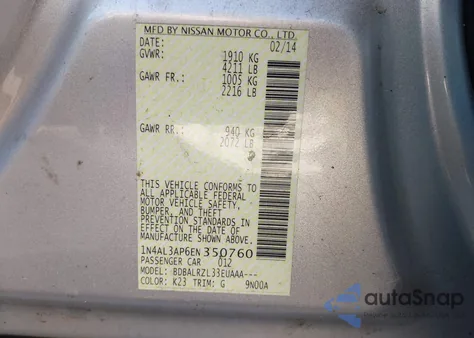 2014 Nissan Altima 2.5/2.5 S/2.5 Sl/2.5 Sv z USA, uszkodzony, nr VIN 1N4AL3AP6EN350760